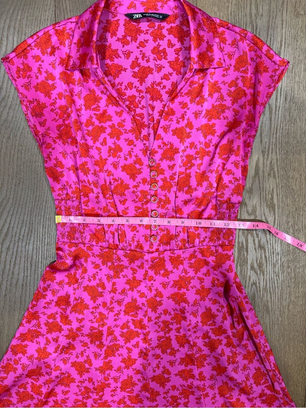 Zara Printed Satin Floral Mini Fit & Flare Dress Pink & Red - Picture 6 of 8